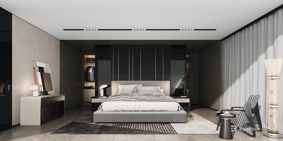 Modern Bedroom Interior Design With Bedside Tables Lamps Wardrobe Curtains And Rug 3d model 