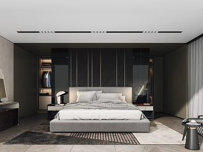 Modern Bedroom Interior Design With Bedside Tables Lamps Wardrobe Curtains And Rug 3d model