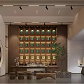 Modern Tea House Interior With Wooden Bookshelves Central Table And Green Plants