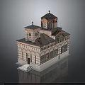Church Style Building With Dome Blue Roof Red Brick White Stripes Crosses And Stepped Entrance