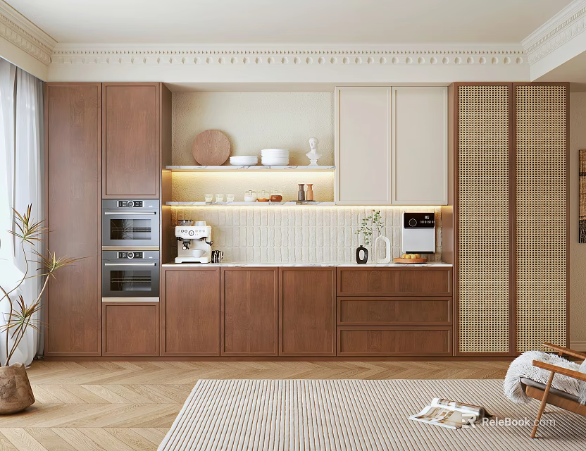 Modern Wooden Sideboard With Two-tone Finish Shelves Tableware Decorations And Appliances In Modern Interior 3d model 