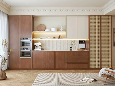 Modern Wooden Sideboard With Two-tone Finish Shelves Tableware Decorations And Appliances In Modern Interior 3d model
