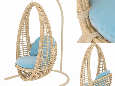 Wicker Hanging Chair With Blue Cushion And Woven Frame Structure 3d model