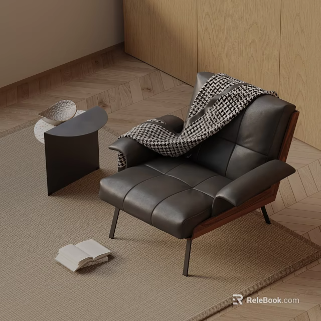 Black Leather Leisure Chair in Modern Interior with Checkered Blanket Side Table and Book 3d model 