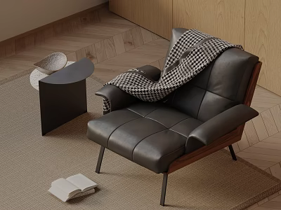 Black Leather Leisure Chair in Modern Interior with Checkered Blanket Side Table and Book 3d model