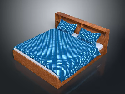 Wooden Bed Furniture With Blue Polka Dot Bedspread And Matching Blue Pillows 3d model