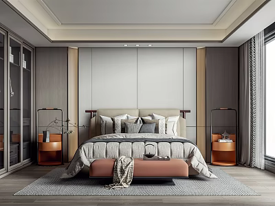 Modern Bedroom Interior Design With Large Bed Headboard Nightstands Bed Bench And Rug 3d model