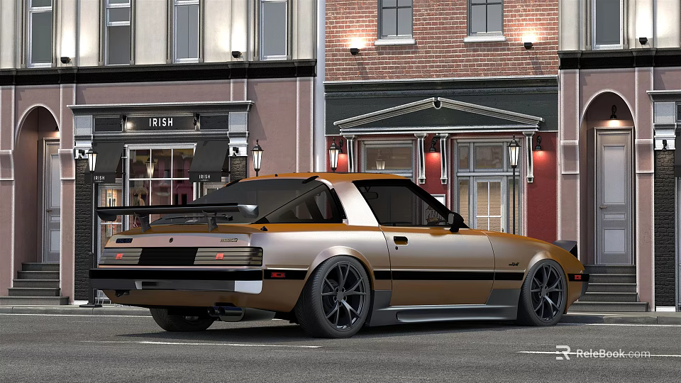 Vintage Golden Sports Car With Custom Wheels And Rear Spoiler On Urban Street At Night 3d model 