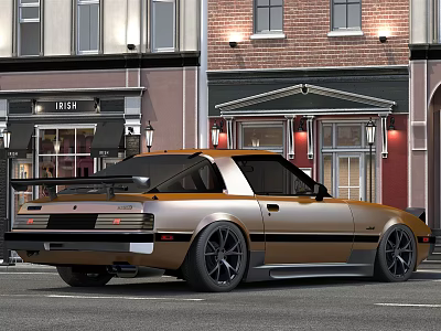 Vintage Golden Sports Car With Custom Wheels And Rear Spoiler On Urban Street At Night 3d model