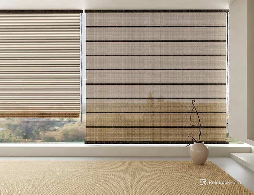 Beige Striped Woven Curtains and Roller Blinds in Living Room with Outdoor View 3d model 
