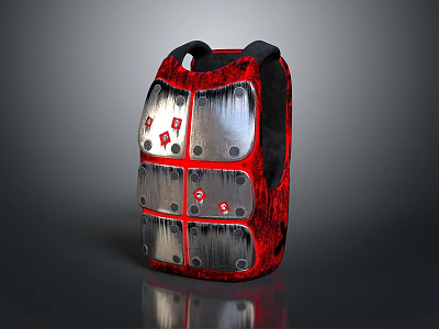 Character Creature Themed Backpack With Red Fabric And Silver Metallic Plates 3d model