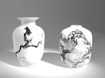 White Ceramic Vases Featuring Traditional Chinese Ink Painting Bird And Landscape 3d model