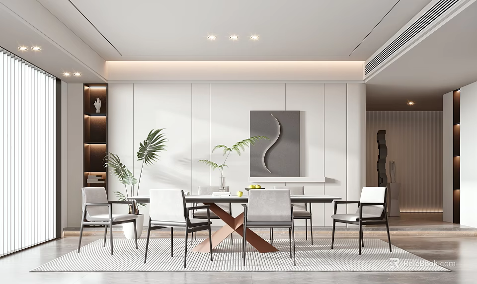 Modern Restaurant Interior With Dining Table Chairs Greenery And Decorative Artwork 3d model