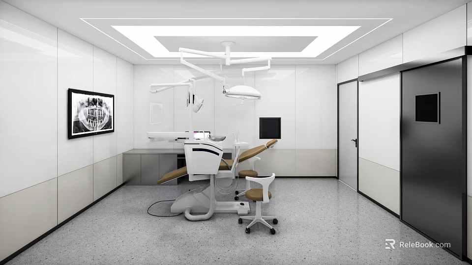 Modern Dental Clinic Interior With White Walls Dental Chair And Medical Instruments 3d model 