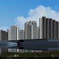 High-Rise Residential Buildings with River Green Space and Bridge Under Blue Sky and White Clouds