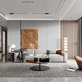 Modern Living Room Interior Design With Gray Sofa Wooden Slats Wall And Brown Armchair