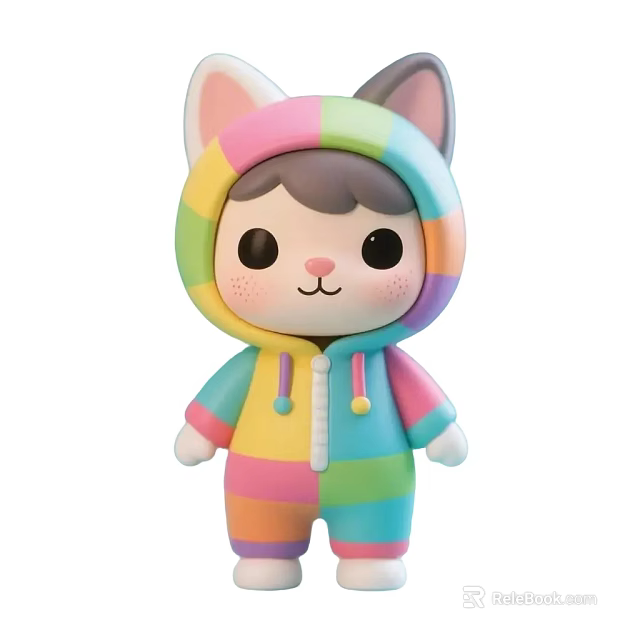 Cute Rainbow Striped Cat Ear Onesie Doll with Soft Pastel Colors and Adorable Face 3d model 
