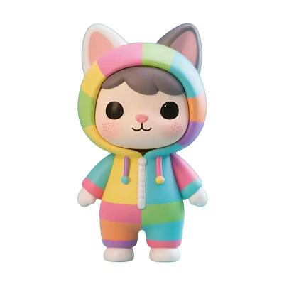 Cute Rainbow Striped Cat Ear Onesie Doll with Soft Pastel Colors and Adorable Face 3d model