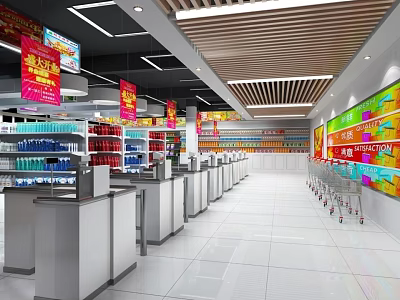 Bright Modern Supermarket Interior With Checkout Counters Shelves Shopping Carts And Promotional Posters 3d model