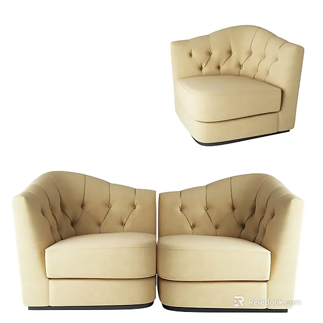 Beige Single Seater Sofa With Tufted Buttons And Curved Back Design 3d model