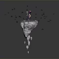 Character On Spiral Shaped Platform With Flying Black Abstract Creatures