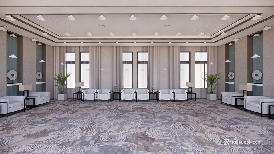 Elegant Hotel Public Lounge With Comfortable Sofa Seating Large Windows And Decorative Carpet 3d model 