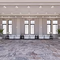Elegant Hotel Public Lounge With Comfortable Sofa Seating Large Windows And Decorative Carpet