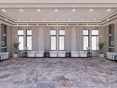 Elegant Hotel Public Lounge With Comfortable Sofa Seating Large Windows And Decorative Carpet 3d model