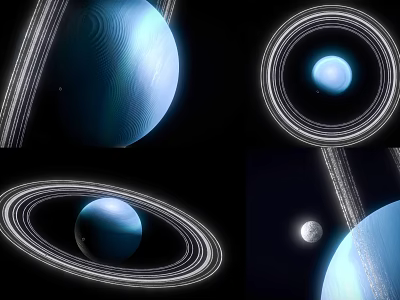 Blue Planets With Rings And Orbiting Satellites In Cosmic Views 3d model