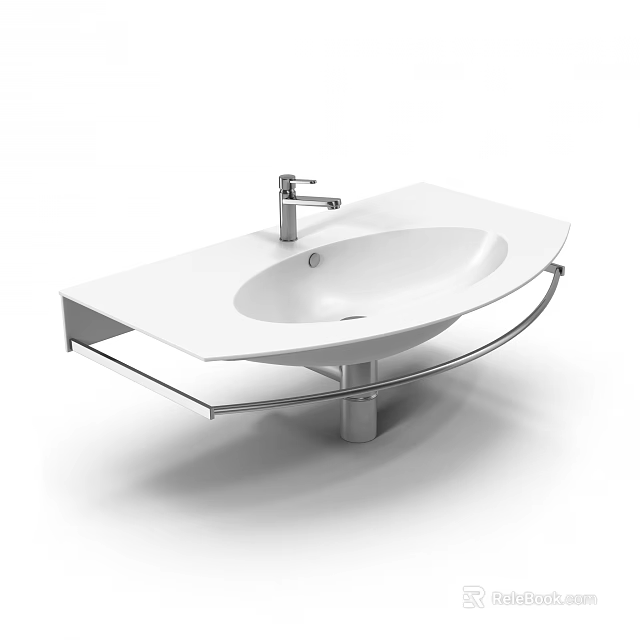 Modern White Washbasin Design with Silver Faucet and Metal Stand Shelf 3d model 