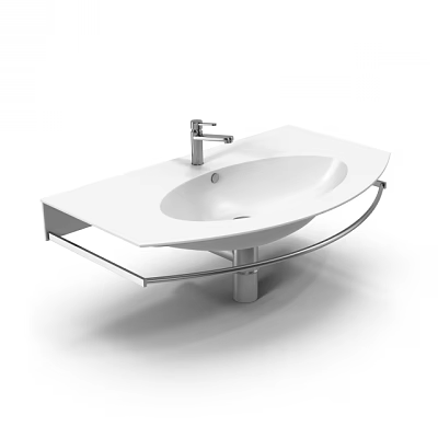 Modern White Washbasin Design with Silver Faucet and Metal Stand Shelf 3d model