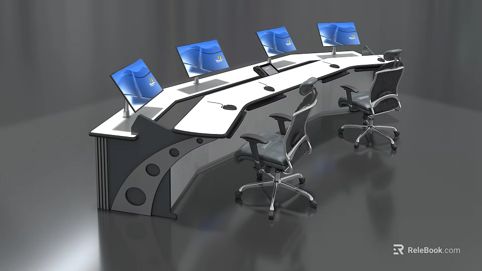 Elegant Modern Control Console Setup With Multiple Blue Screens And Ergonomic Chairs 3d model