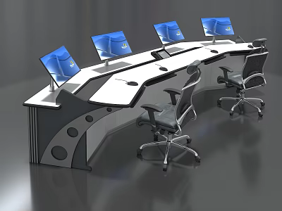 Elegant Modern Control Console Setup With Multiple Blue Screens And Ergonomic Chairs 3d model