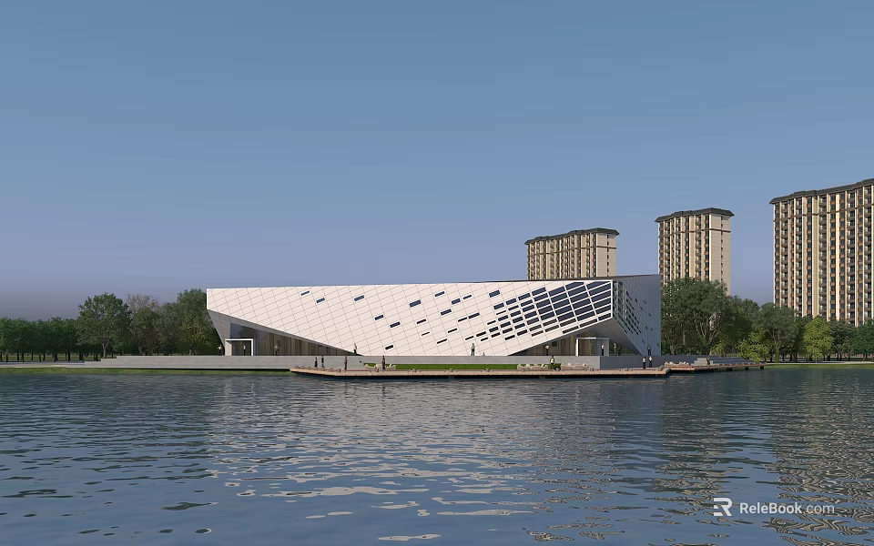 Modern Waterfront White Museum Building With Geometric Glass Facade Trees And High Rise Background 3d model 