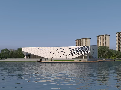 Modern Waterfront White Museum Building With Geometric Glass Facade Trees And High Rise Background 3d model
