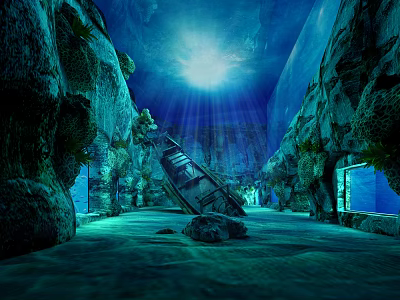 Enchanting Underwater Cave Scenery With Sunlight Rocks Plants And Old Boat On Sandy Floor 3d model