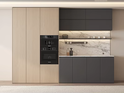 Modern Dining Sideboard With Light And Dark Wood Cabinets Built in Oven And Marble Countertop 3d model
