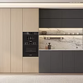 Modern Dining Sideboard With Light And Dark Wood Cabinets Built in Oven And Marble Countertop
