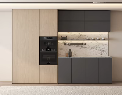 Modern Dining Sideboard With Light And Dark Wood Cabinets Built in Oven And Marble Countertop 3d model