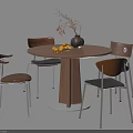 Modern Round Wooden Table And Chair Set With Metal Legs Vase Branches And Yellow Fruits