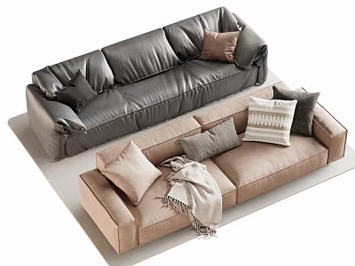 Gray And Beige Fabric Double Sofas With Pillows And Blanket On Carpet Interior 3d model