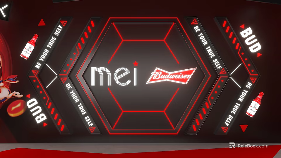 Visual Design Featuring Budweiser And Mei With Red Black Geometric Patterns 3d model