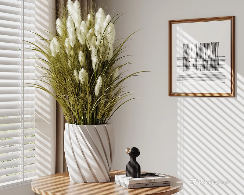 Decorative Ornament Set With White Vase Green Leaves White Flowers Small Black Ornament Wooden Table 3d model 
