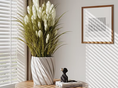 Decorative Ornament Set With White Vase Green Leaves White Flowers Small Black Ornament Wooden Table 3d model