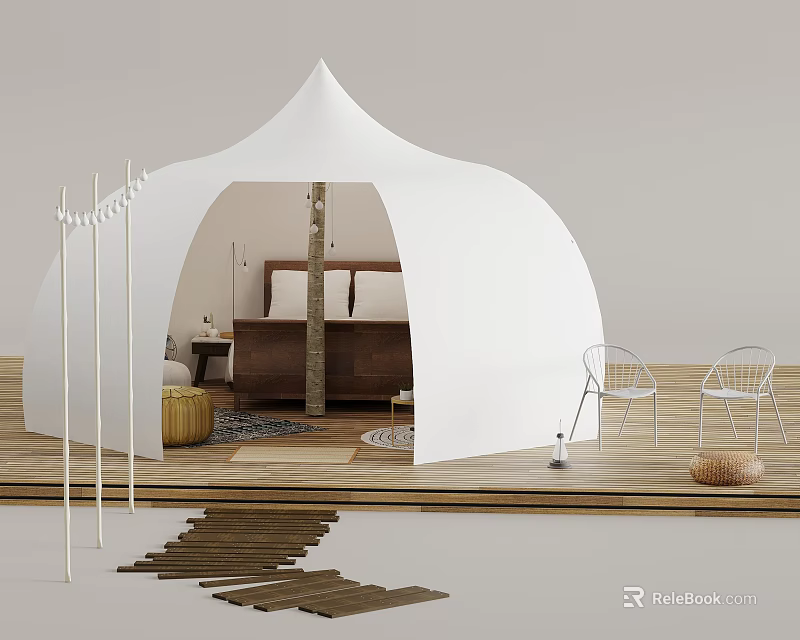 White Dome Shaped Glamping Tent Interior With Wooden Bed Exterior Wooden Floor And Chairs 3d model 