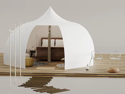 White Dome Shaped Glamping Tent Interior With Wooden Bed Exterior Wooden Floor And Chairs 3d model