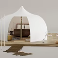 White Dome Shaped Glamping Tent Interior With Wooden Bed Exterior Wooden Floor And Chairs