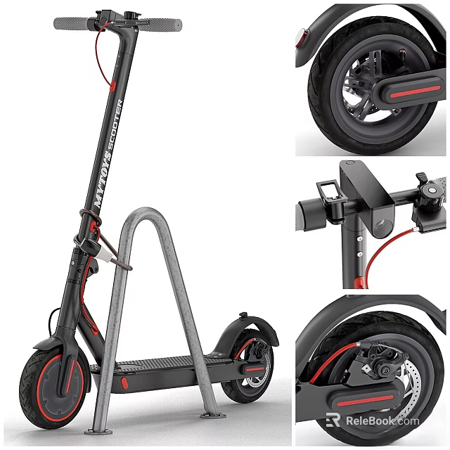 Electric Scooter With Folding Design Stand Bracket And Black Red Wheels 3d model 
