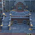 Detailed Cartoon Castle Scene With Stone Structure Arches Steps And Courtyard On Blue Background