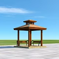 Wooden Pergola With Tile Roof And Benches On Paved Patio Green Grass Area